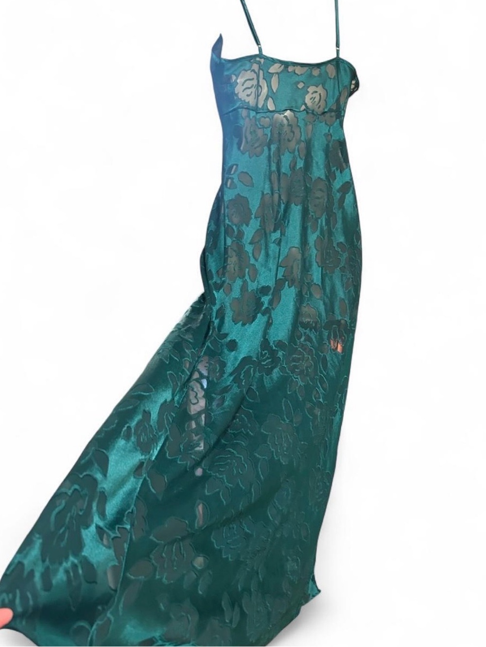Teal Floral Satin Maxi Slip Dress with Spaghetti Straps